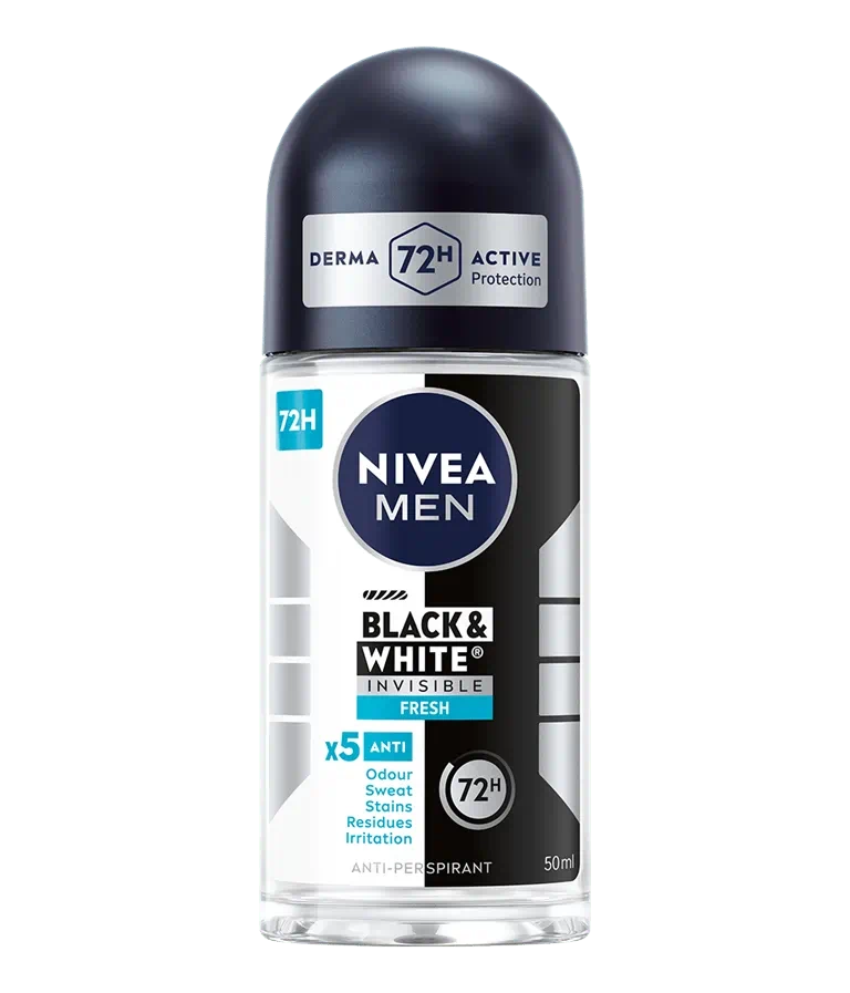 NIVEA MEN Déodorant Roll-On Black & White Invisible Fresh 50ml – Protection 72h Sans Traces et Fraîcheur Durable