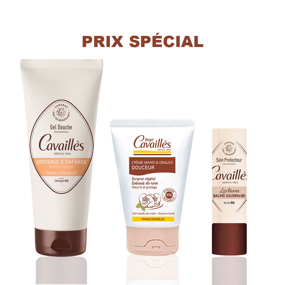 CAVAILLES PACK GEL DOUCHE SOUVENIR D'ENFANCE 200ML + CREME MAINS DOUCEUR 50ML + BAUME LEVRES GOURMAND