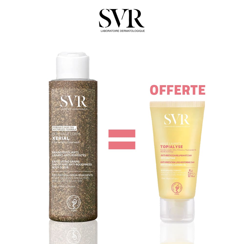SVR XERIAL GOMMAGE CORPS 100 G = TOPIALYSE HUILE LAVANTE 55ML OFFERTE